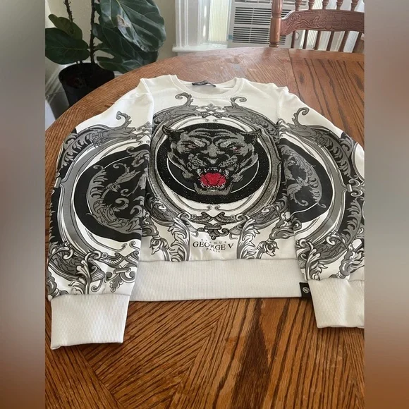 GEORGE V PARIS  Men's White and Black Panther Sweater VINTAGE - Picture 6 of 12